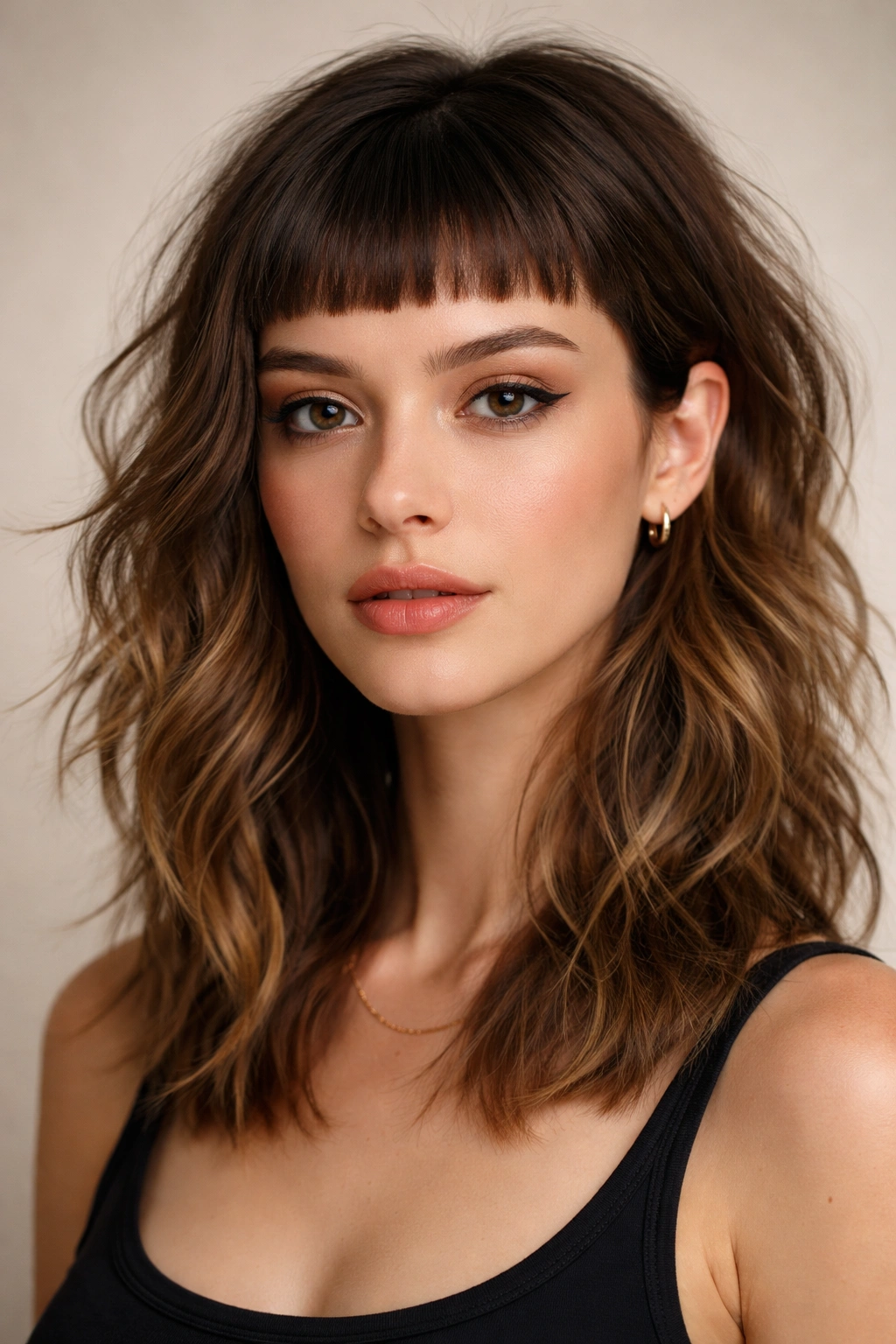 Close-up of blunt micro bangs with choppy layers for an edgy look