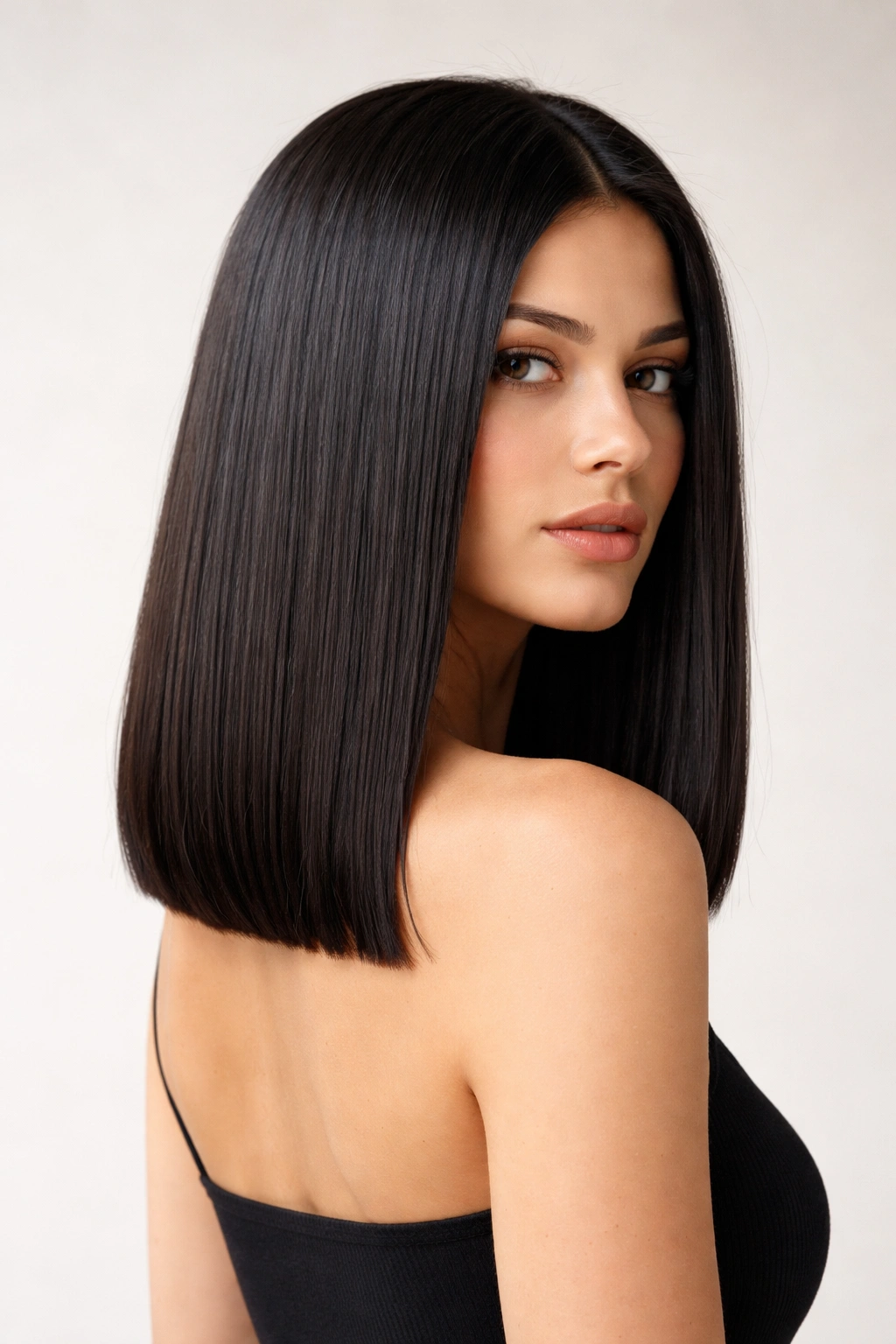 Thick straight hair in a blunt midi cut with a sharp, architectural edge.
