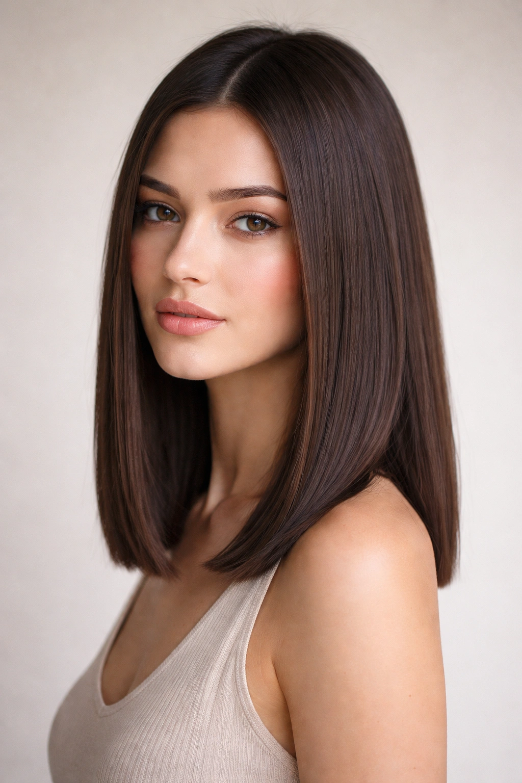 Blunt shoulder-length hair with a subtle front-to-back angle.