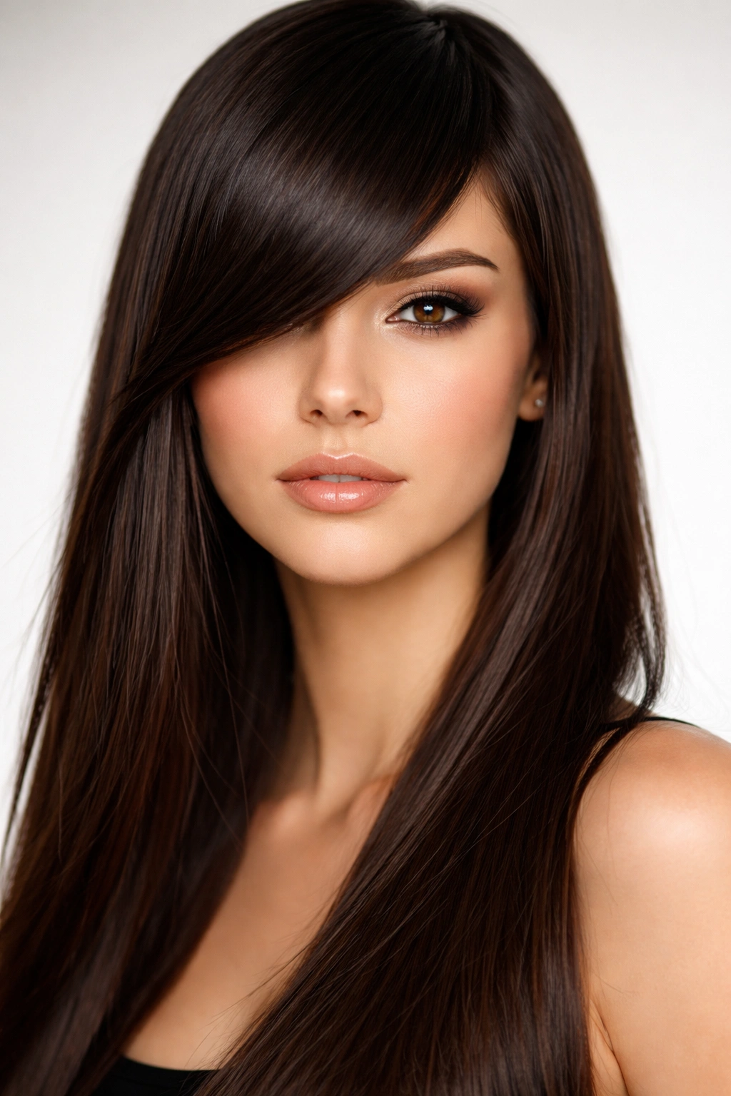 Close-up of blunt side bangs showing a sharp, graphic line on straight hair