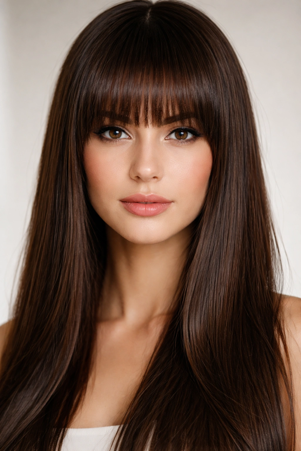 Close-up of blunt thick curtain bangs on straight hair