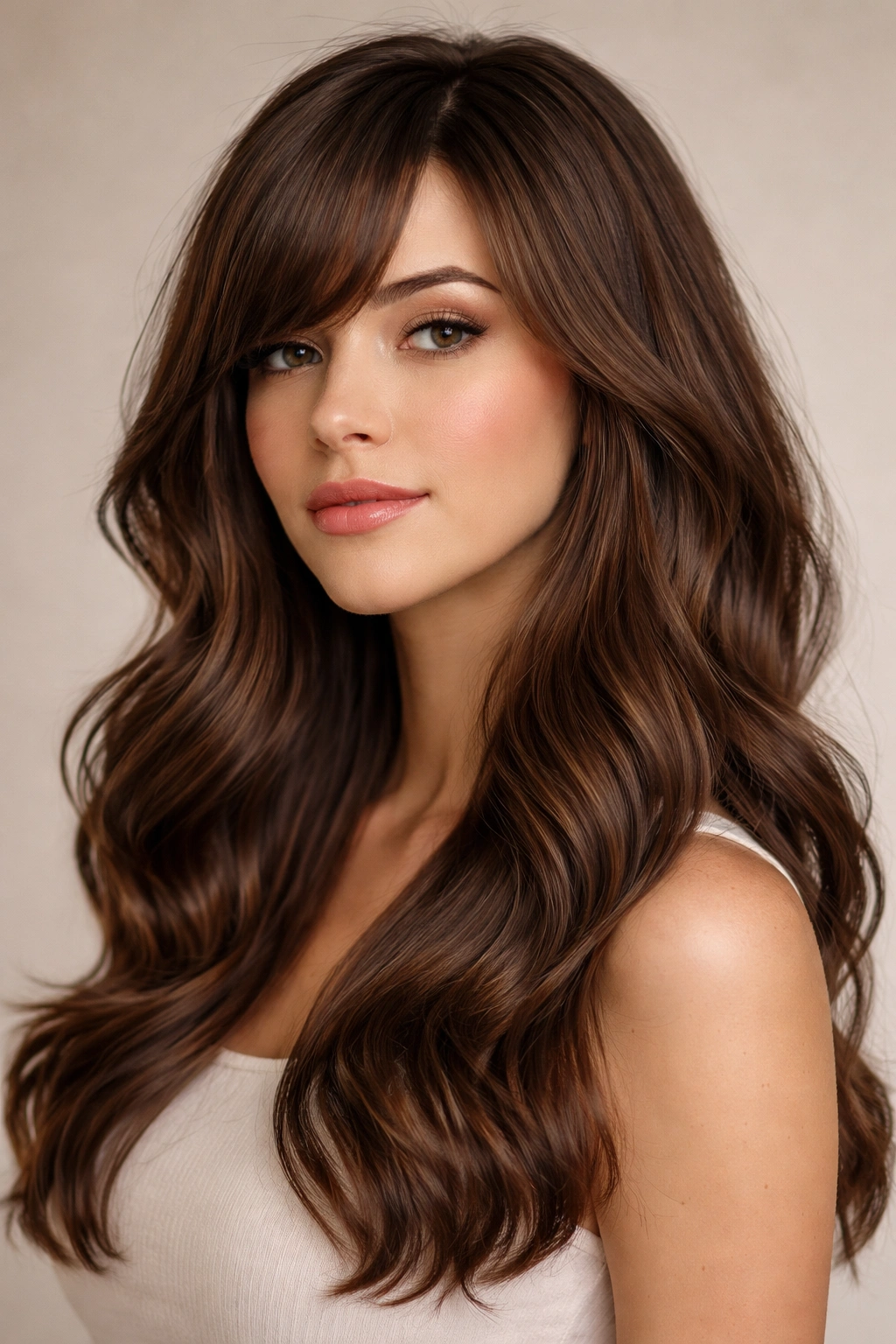 Blunt waves with long sideswept bangs framing the face