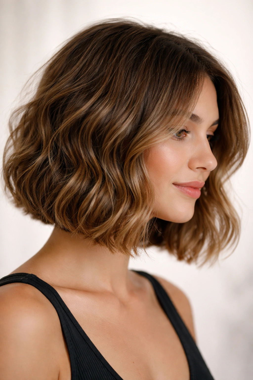 Close-up of blunt wavy bob showing crisp exterior edge and internal layers