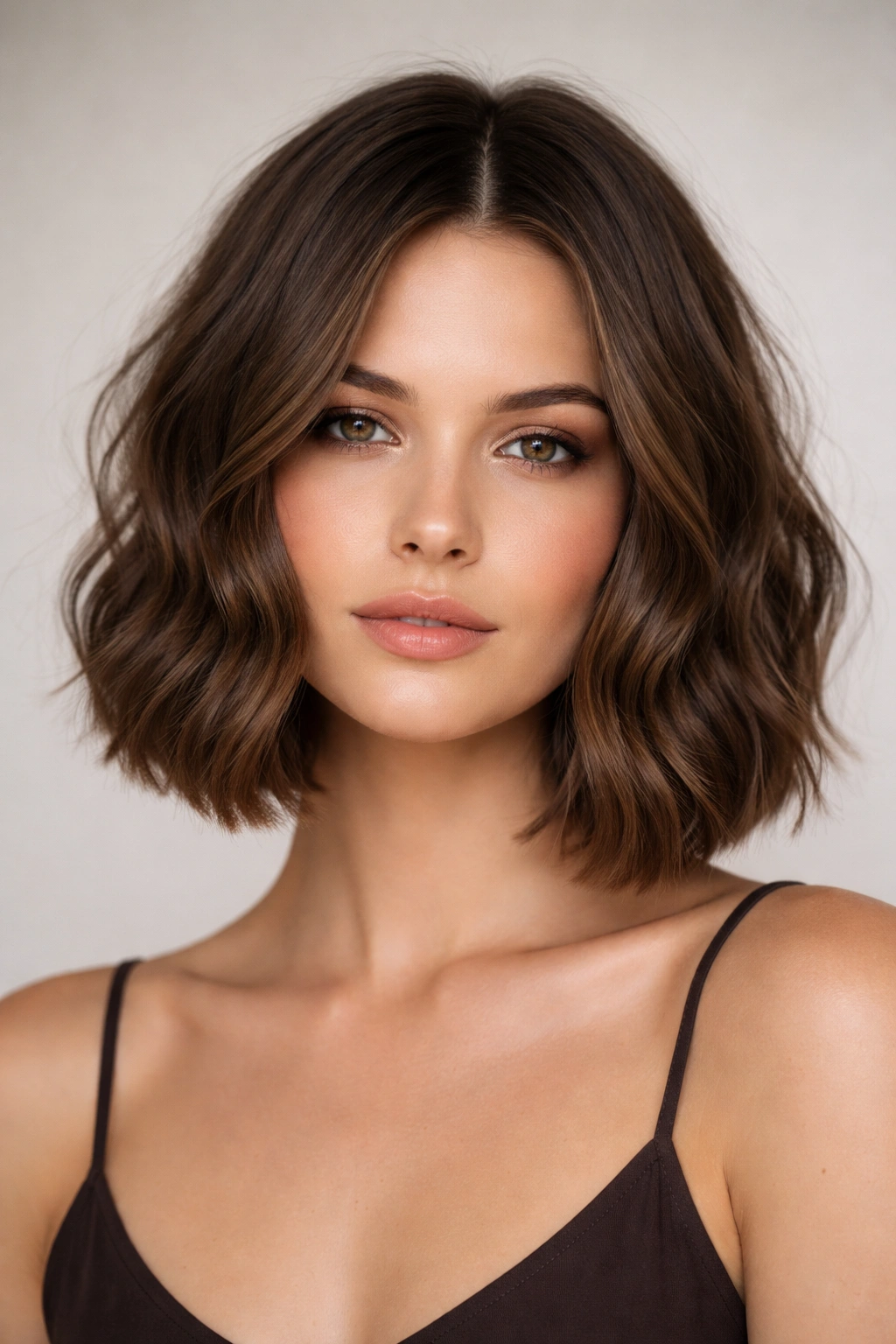 Blunt wavy bob with cool brown undertones and defined edge.
