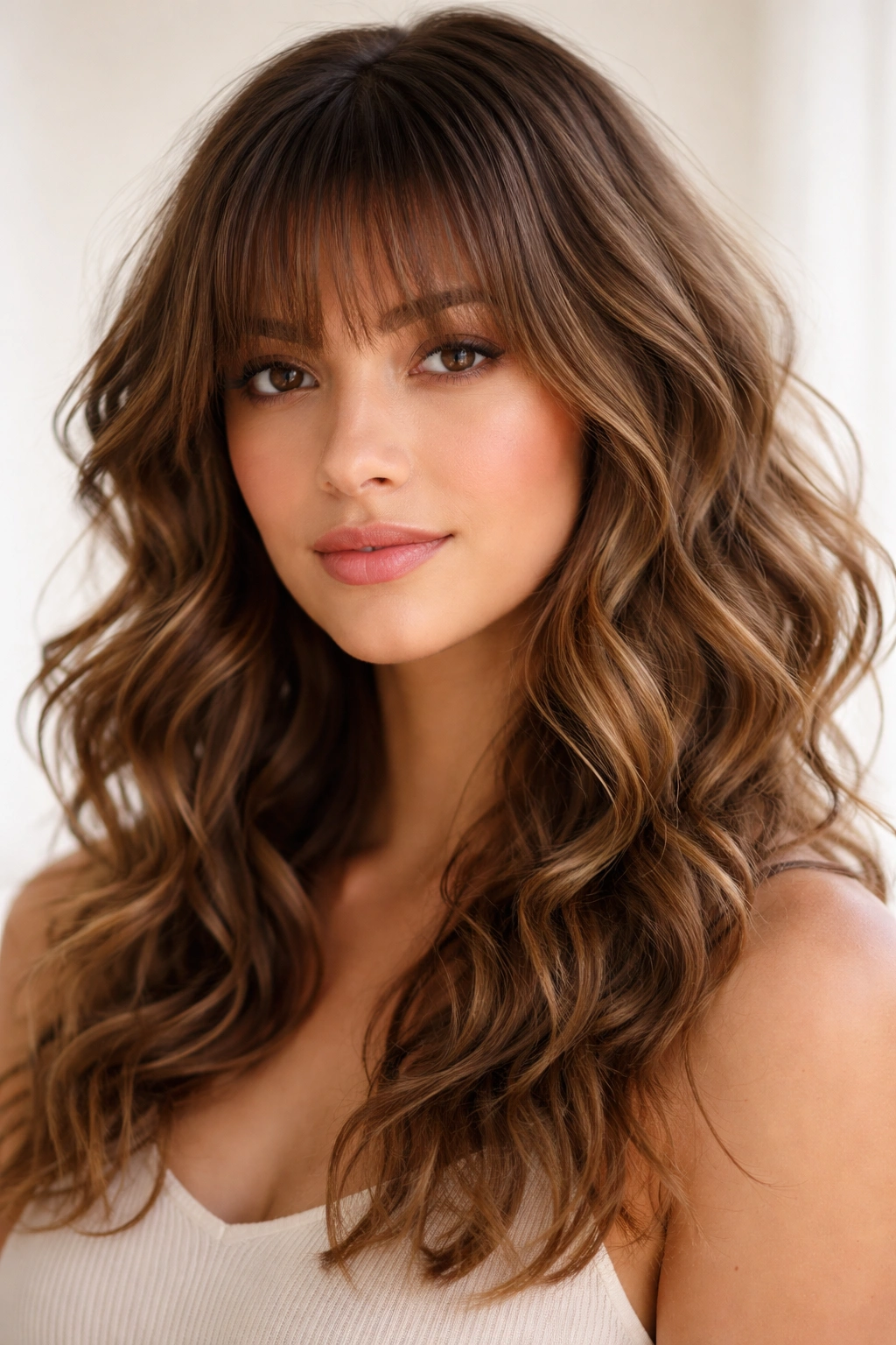 Close-up of blunt wispy bangs with bouncy waves and feather-light fringe