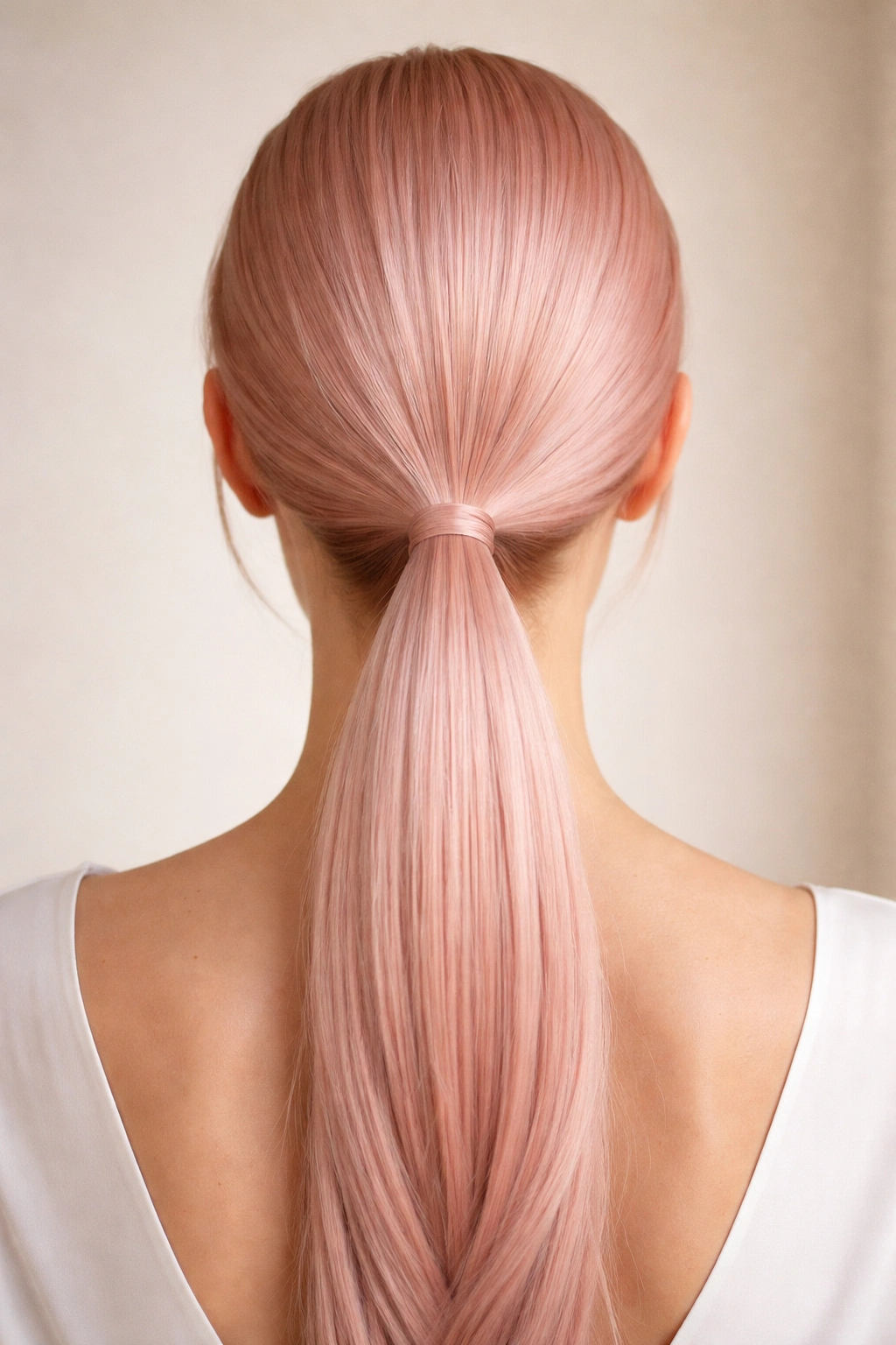 Blush pink sleek low ponytail with glossy finish