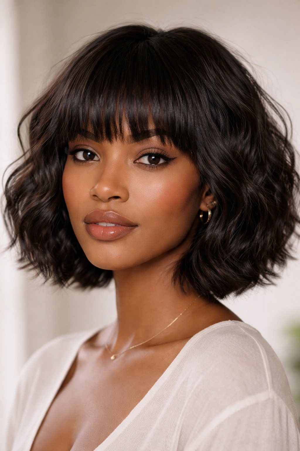 Close-up of a chin-length textured bob with blunt bangs and wave texture