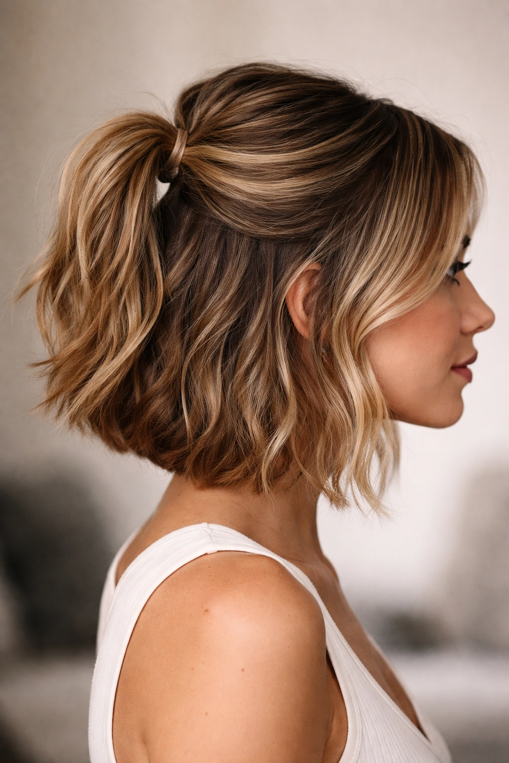 Side view of textured bob with half ponytail showing length and texture variations