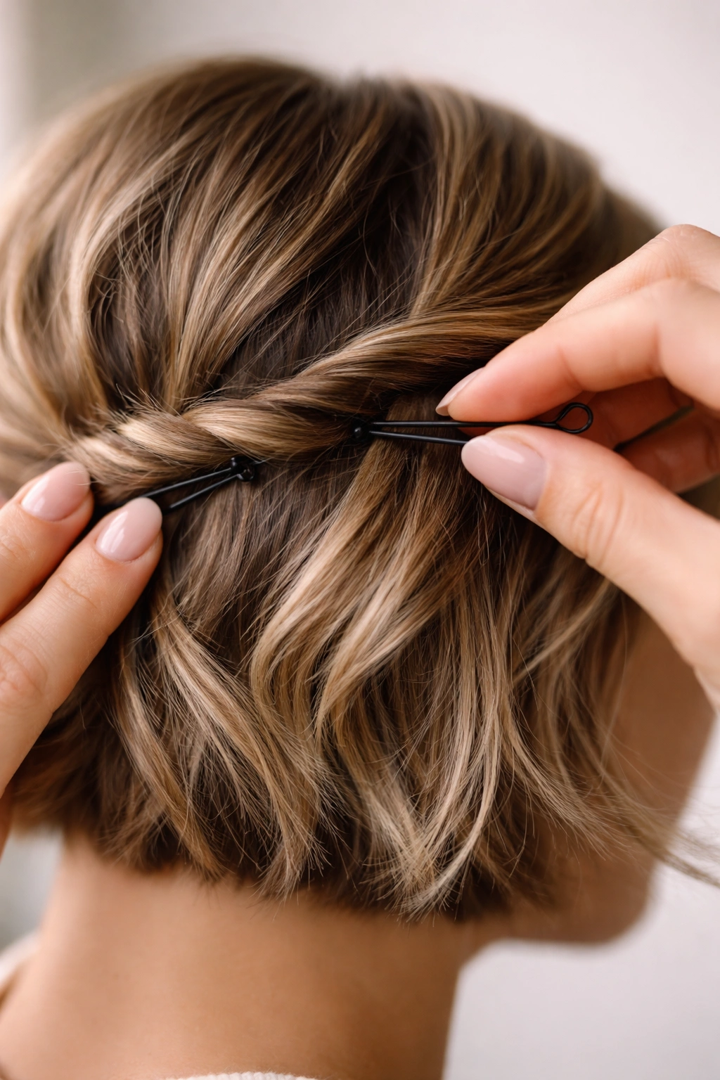 Hand inserting a bobby pin into a short hair twist to prevent slipping