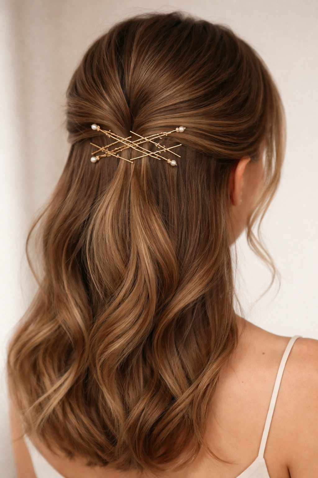 Half-up hairstyle with decorative bobby pin pattern