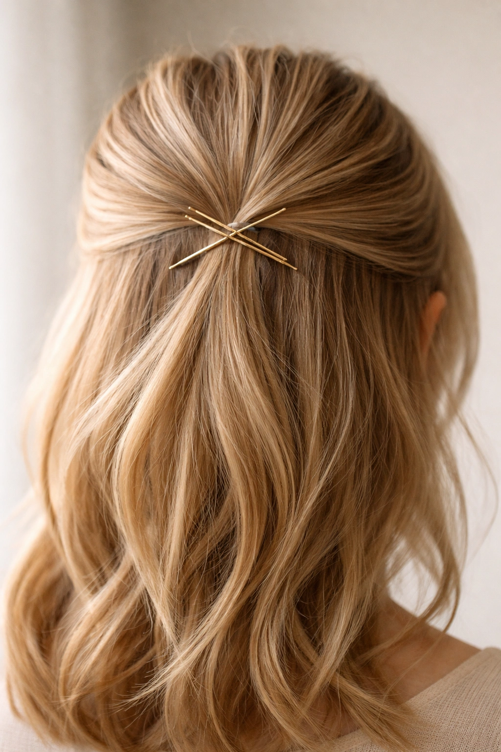 Close-up of crossed bobby pins securing a half-up hairstyle on fine hair