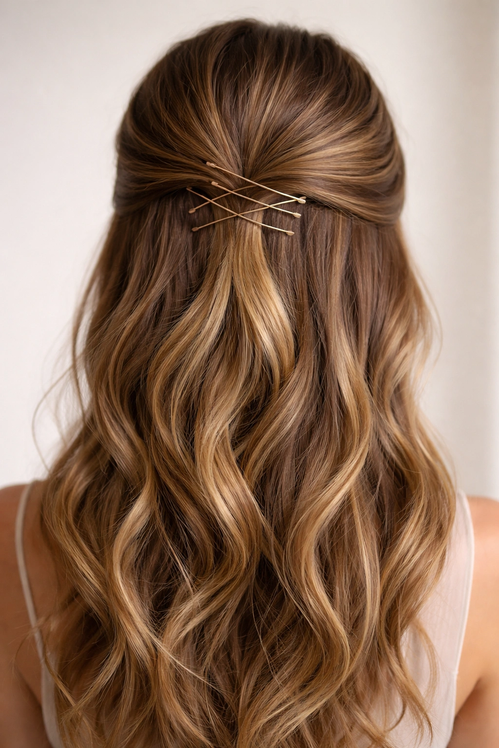 Back view of half-up hairstyle with visible delicate metallic pins arranged decoratively