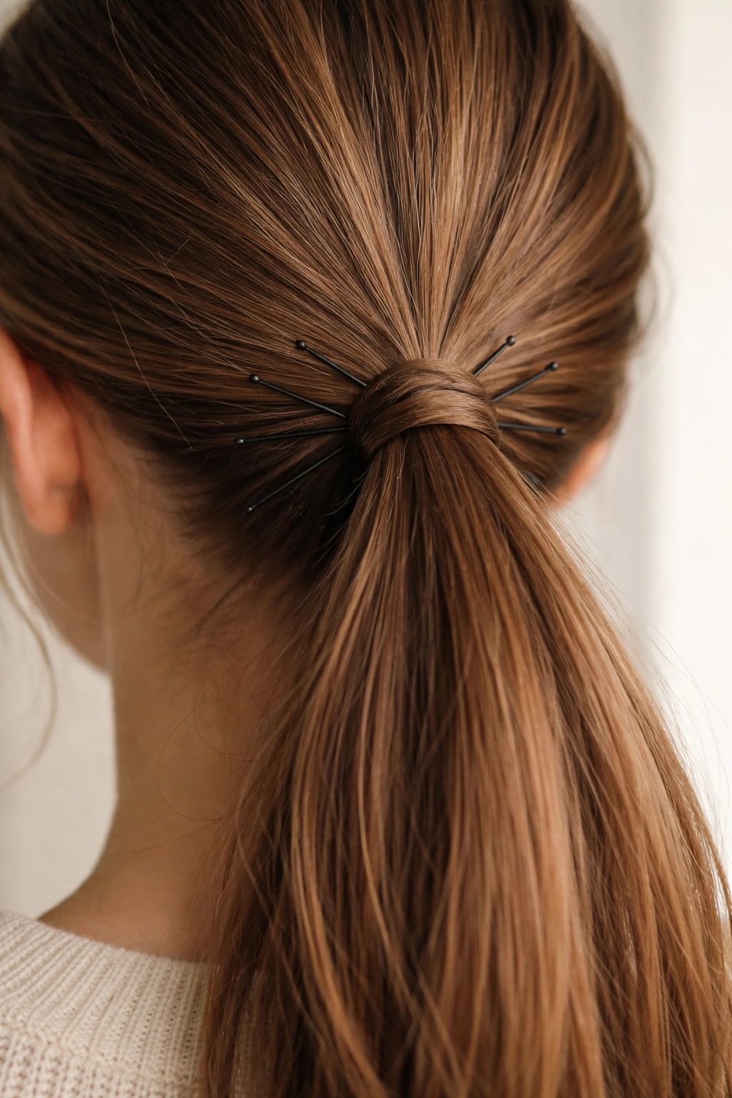 Ponytail secured with evenly spaced bobby pins around the base