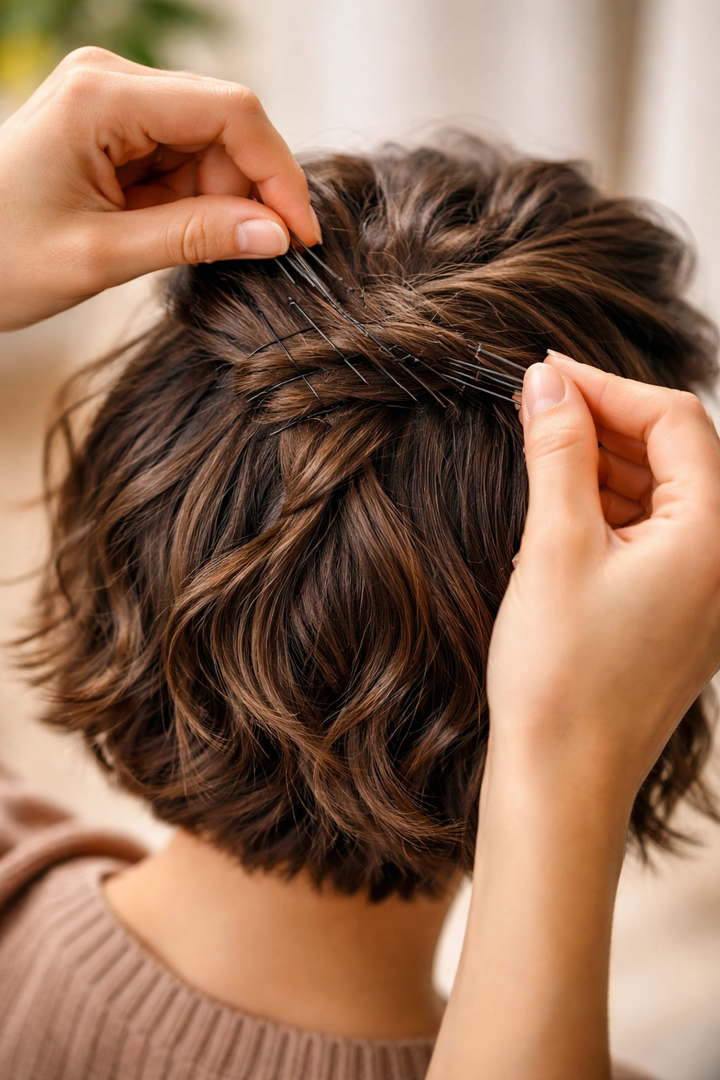 Close-up of hands pinning a short hair twist with bobby pins at 90 degrees