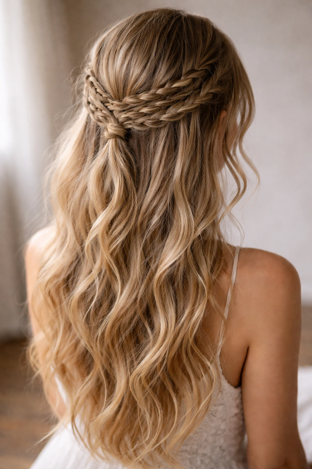 Close-up of bohemian half-braided half up hairstyle with multiple braids.