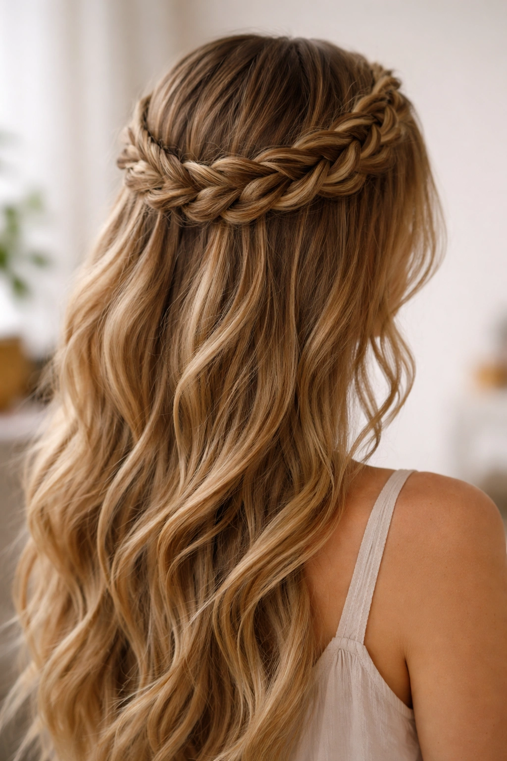 Bohemian braided crown hairstyle with clip hidden at the back