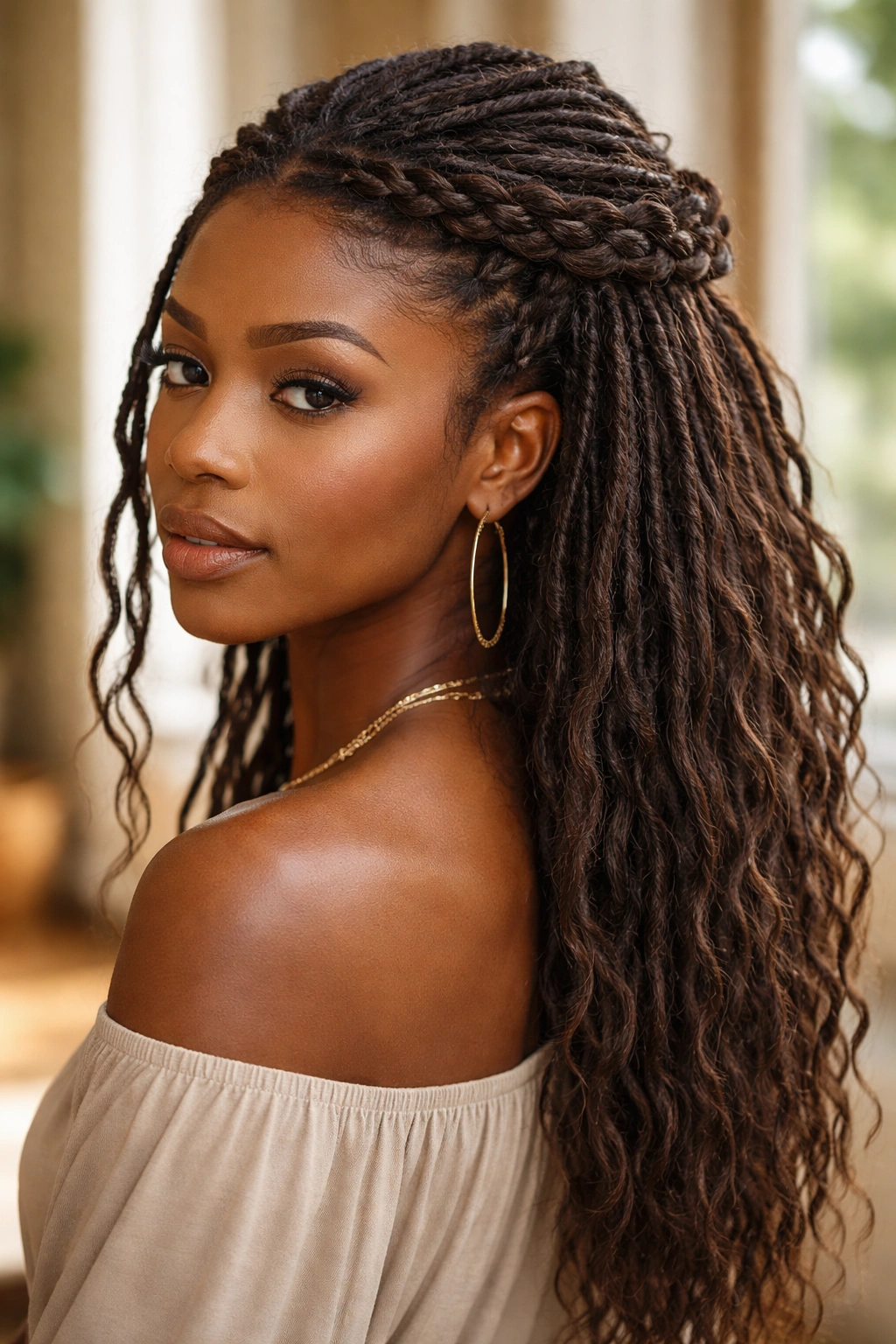 Three-quarter view of a Black woman with a bohemian braided half up, loose locs
