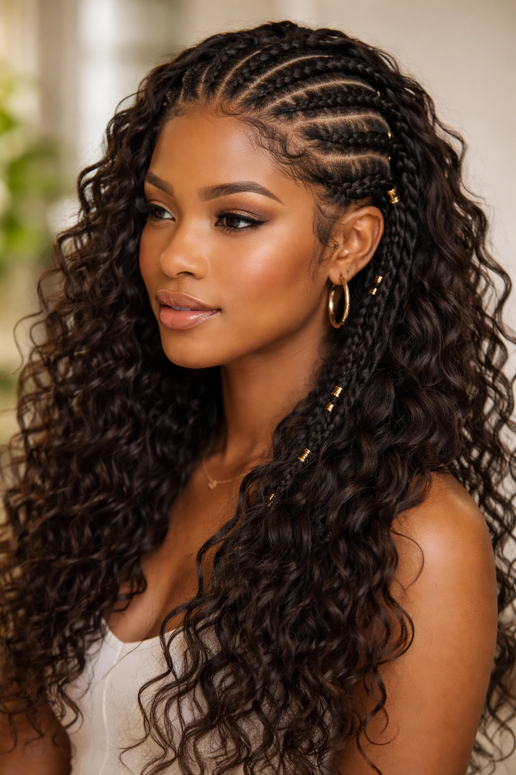 Bohemian Fulani braids with loose waves framing the head