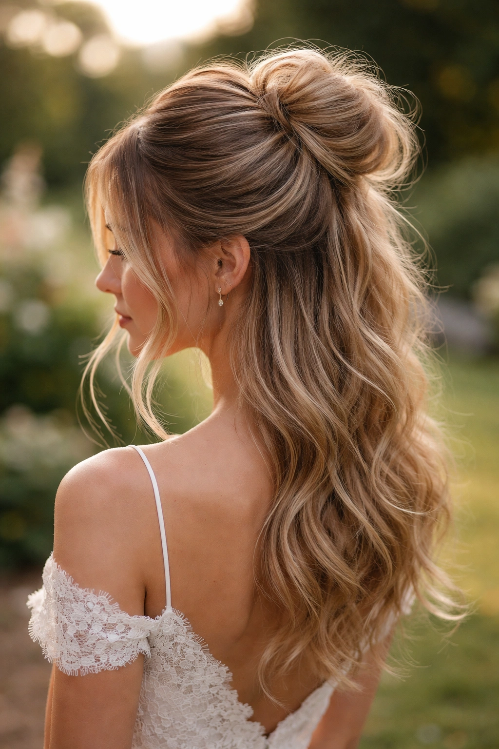 Soft bohemian bun with wisps framing the face hairstyle.