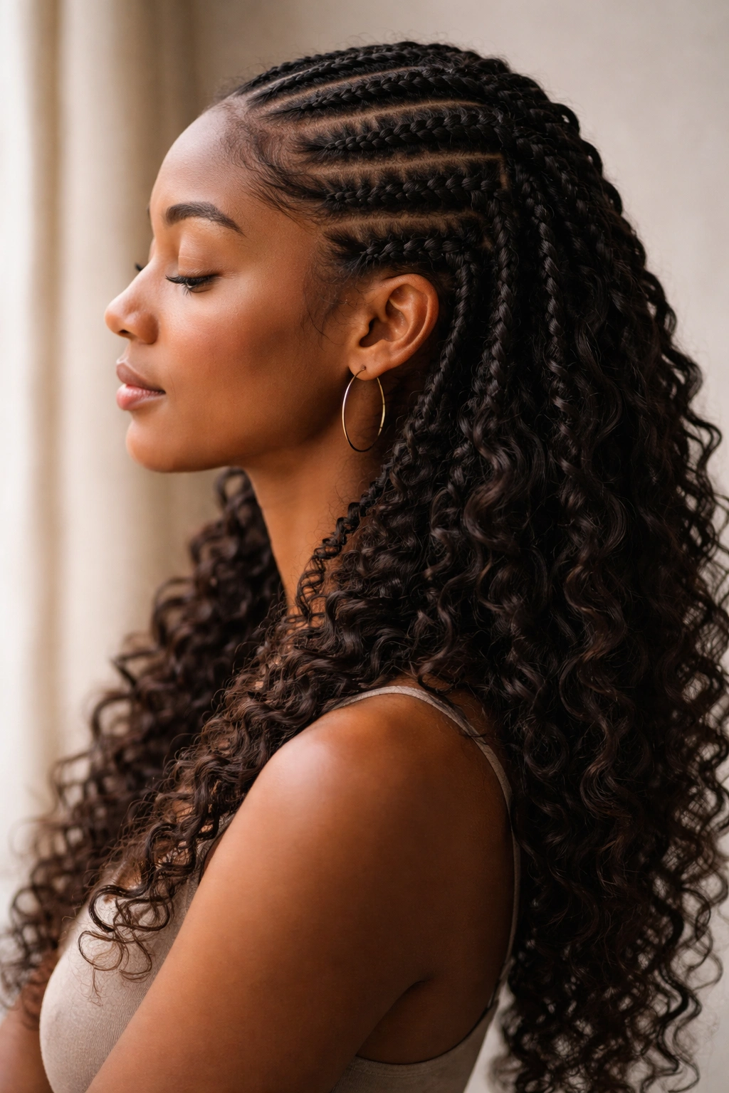 Final Thoughts concept: calm profile with bohemian cornrows and curling ends