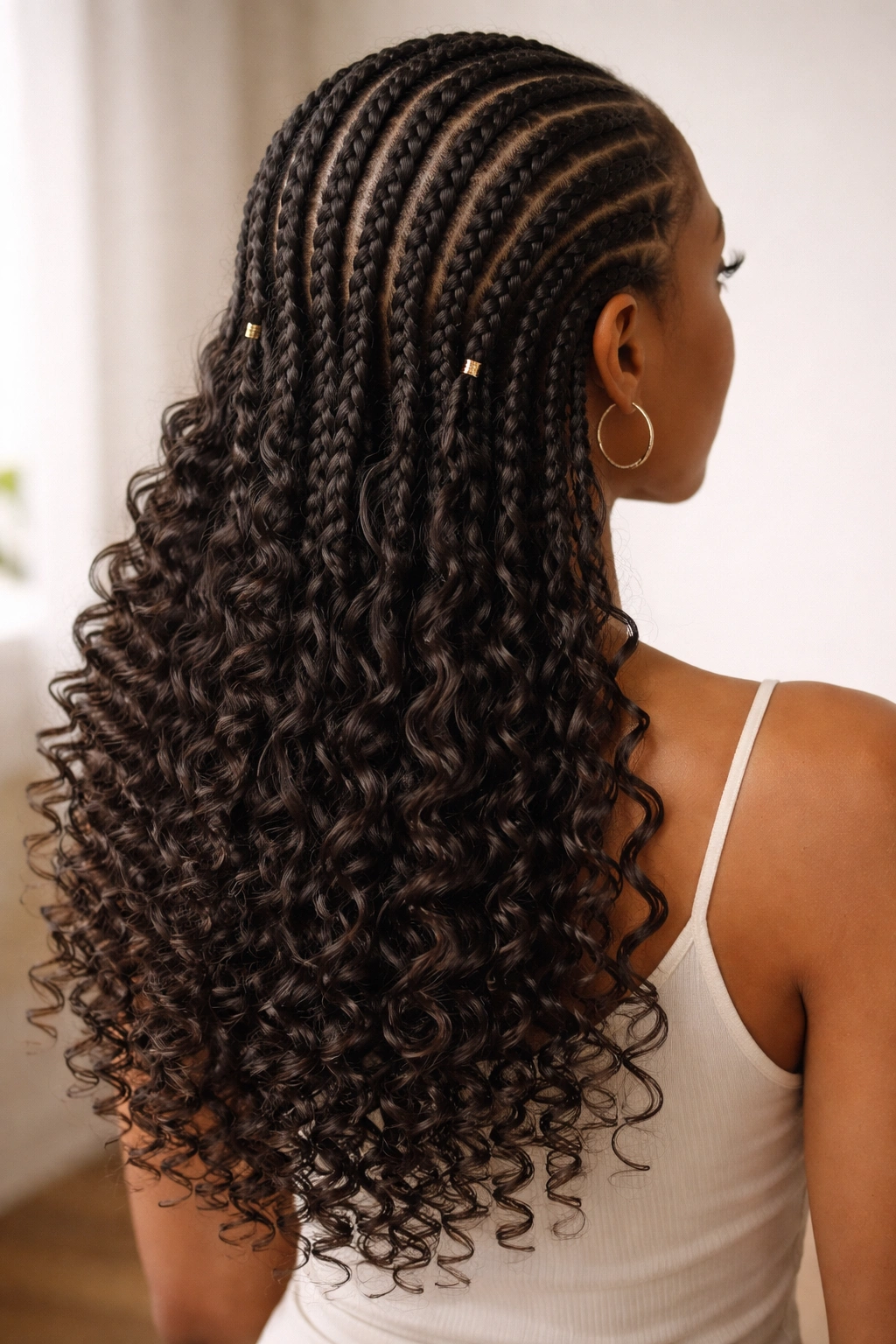 Classic bohemian cornrows with spiral curls, medium braids transitioning to defined spiral curls under soft lighting