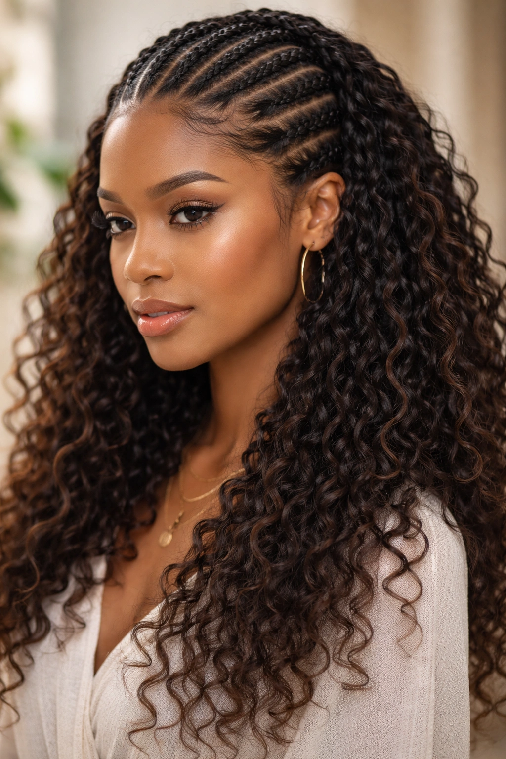 Cornrows with bohemian crochet hair displaying mixed textures