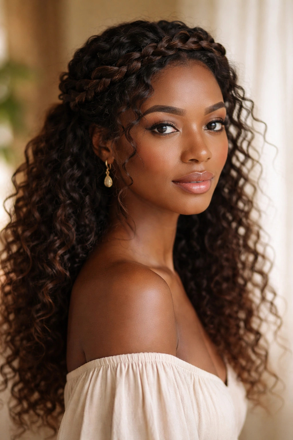 Bohemian crown braid with natural texture and loose curls framing the face