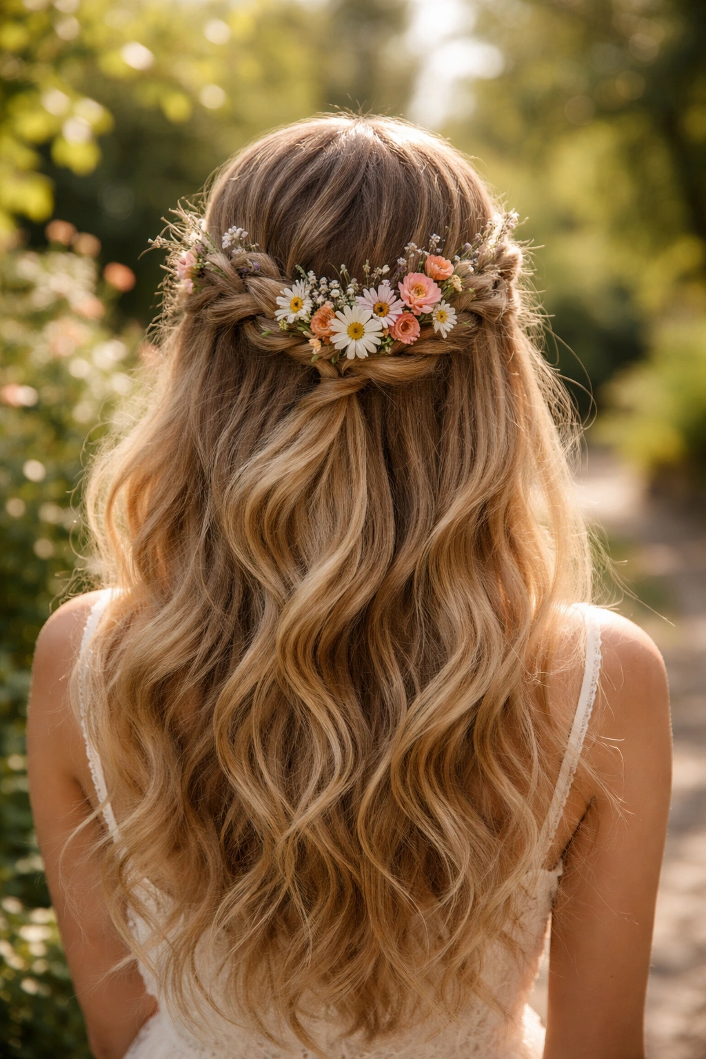 Two loose twists with a wildflower mix and voluminous half-down waves