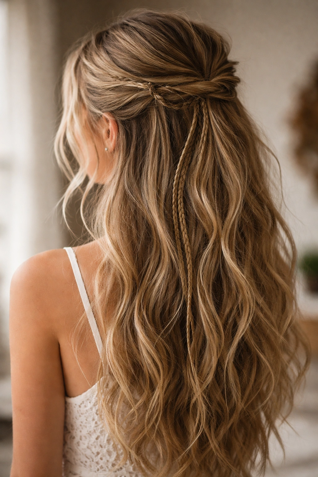 Rear view of bohemian loose half-up with multiple thin braids