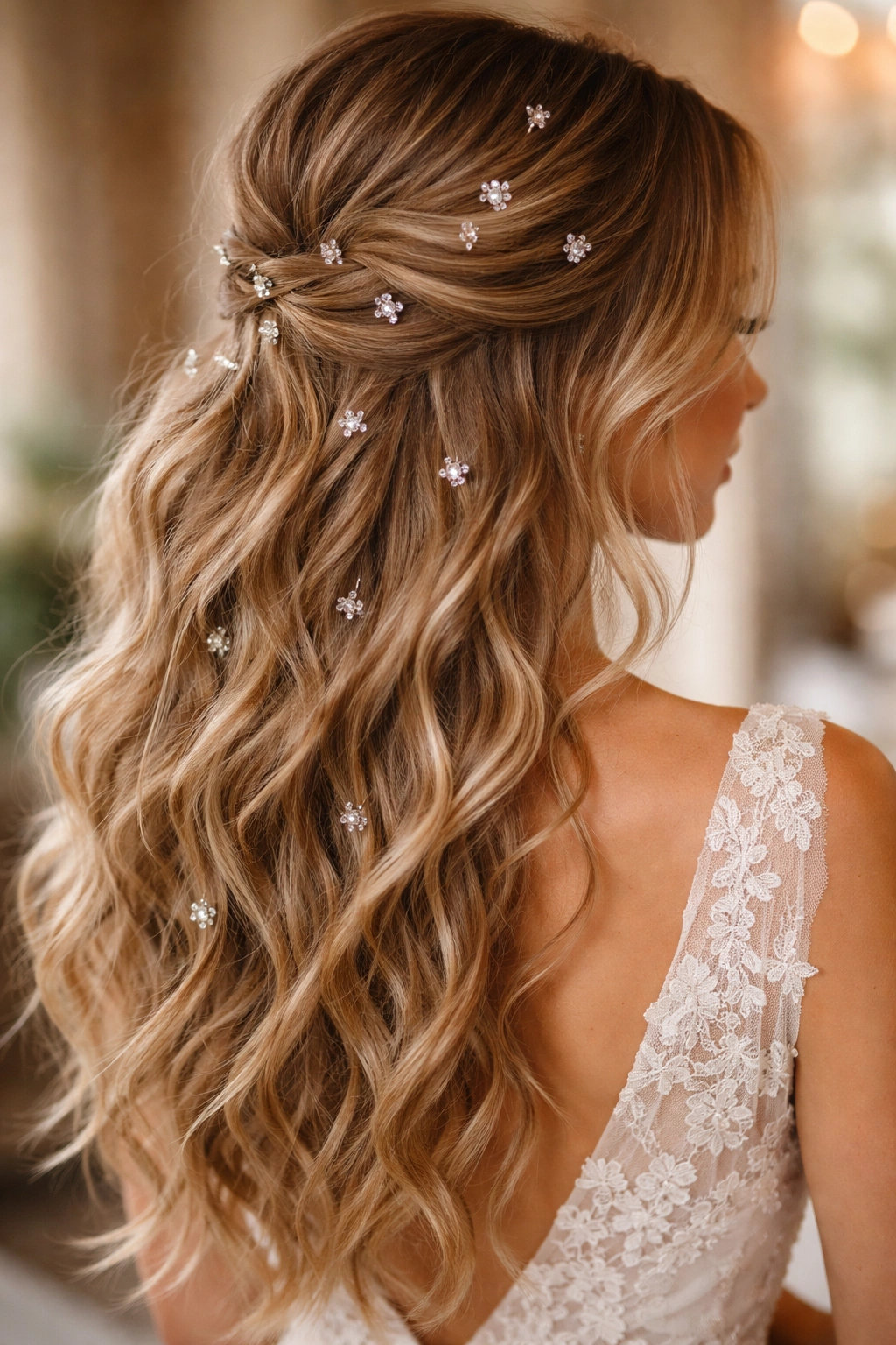 Bohemian half-up hairstyle with scattered crystal pins throughout