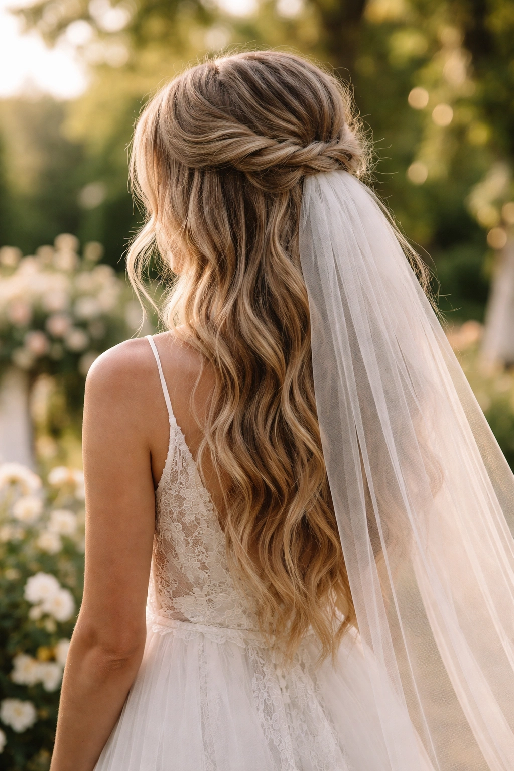 Loose bohemian half-up hairstyle with a flowing veil in an outdoor setting