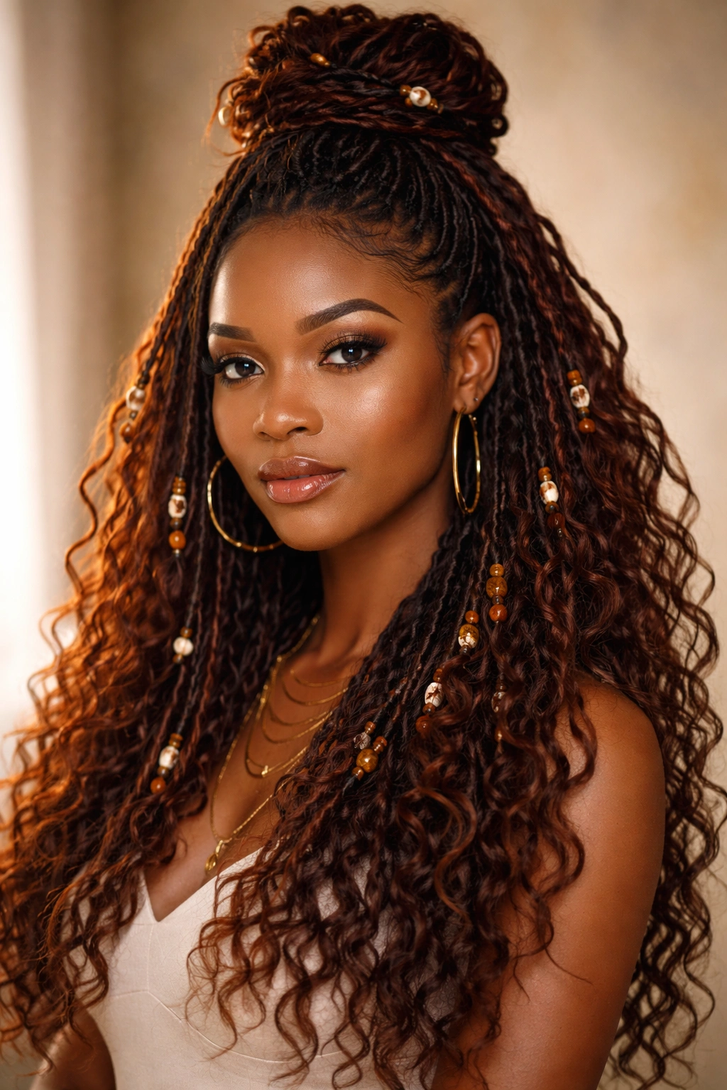 Bohemian locs half-up with beads showcasing textured crochet locs in bronze, honey, and burgundy tones
