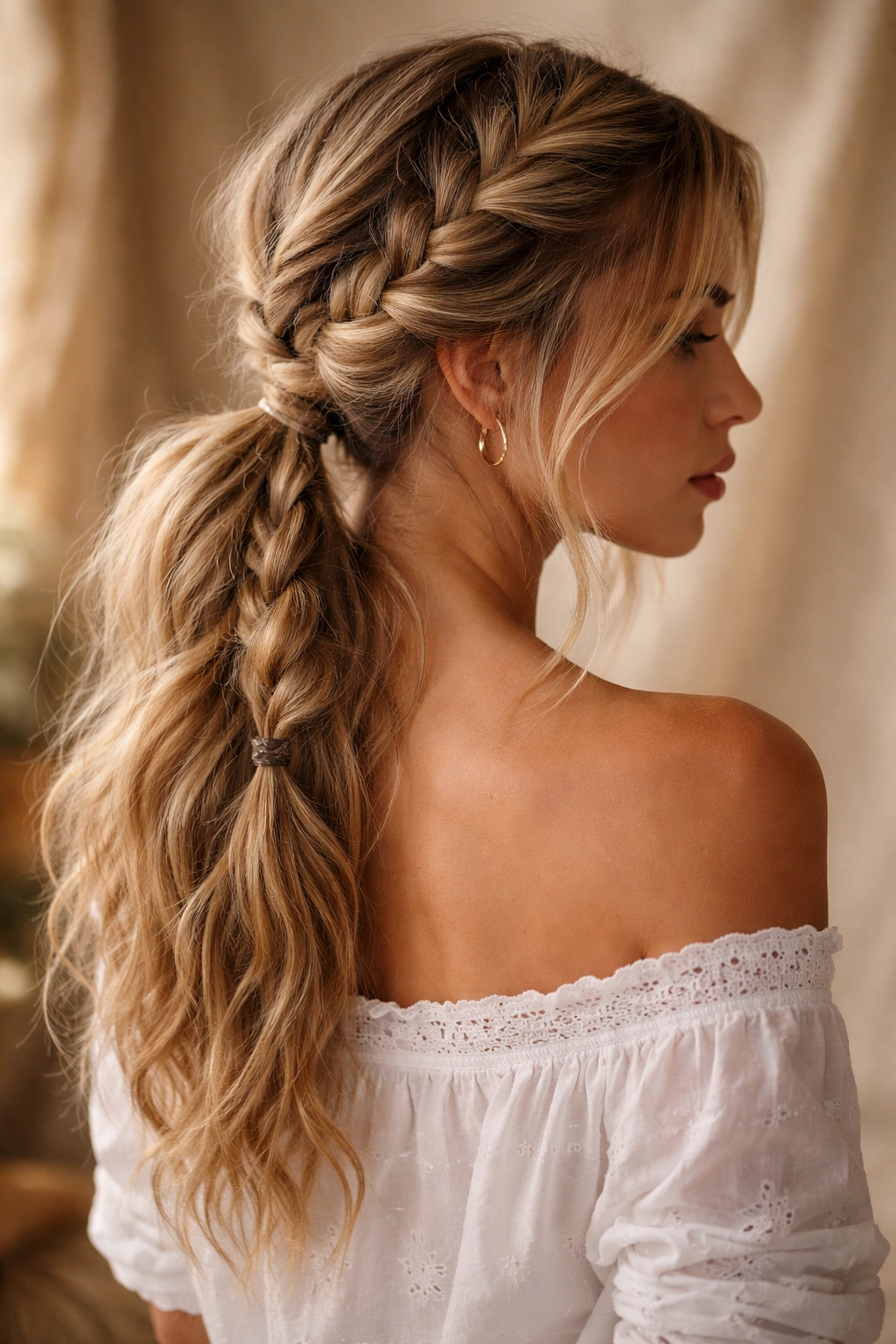 Close-up of Bohemian Loose Double Braid Pony with two loose textured braids