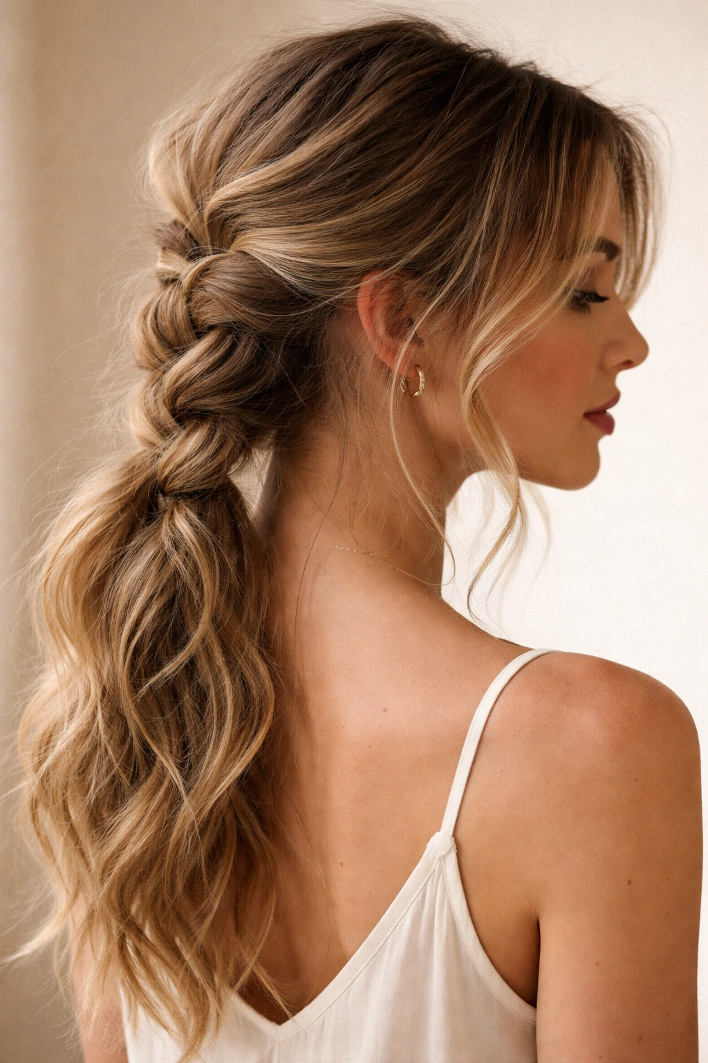 Relaxed bohemian braid with loose strands forming a ponytail.