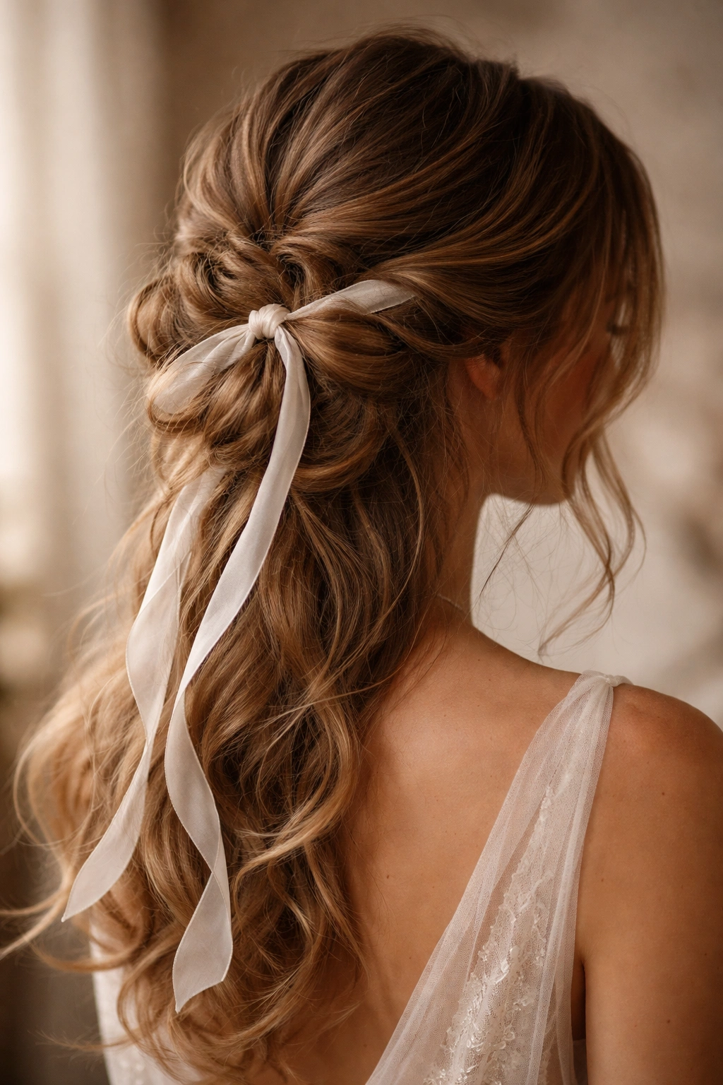 Three-quarter view of bohemian loose bun woven with a ribbon