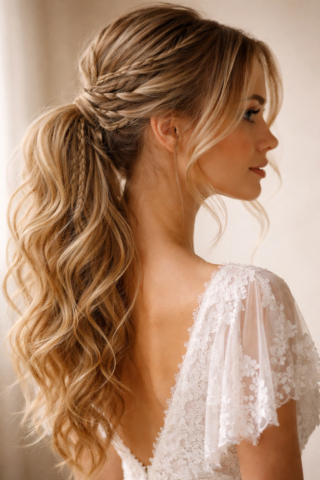 Bohemian loose weave ponytail with multiple thin braids and wispy strands