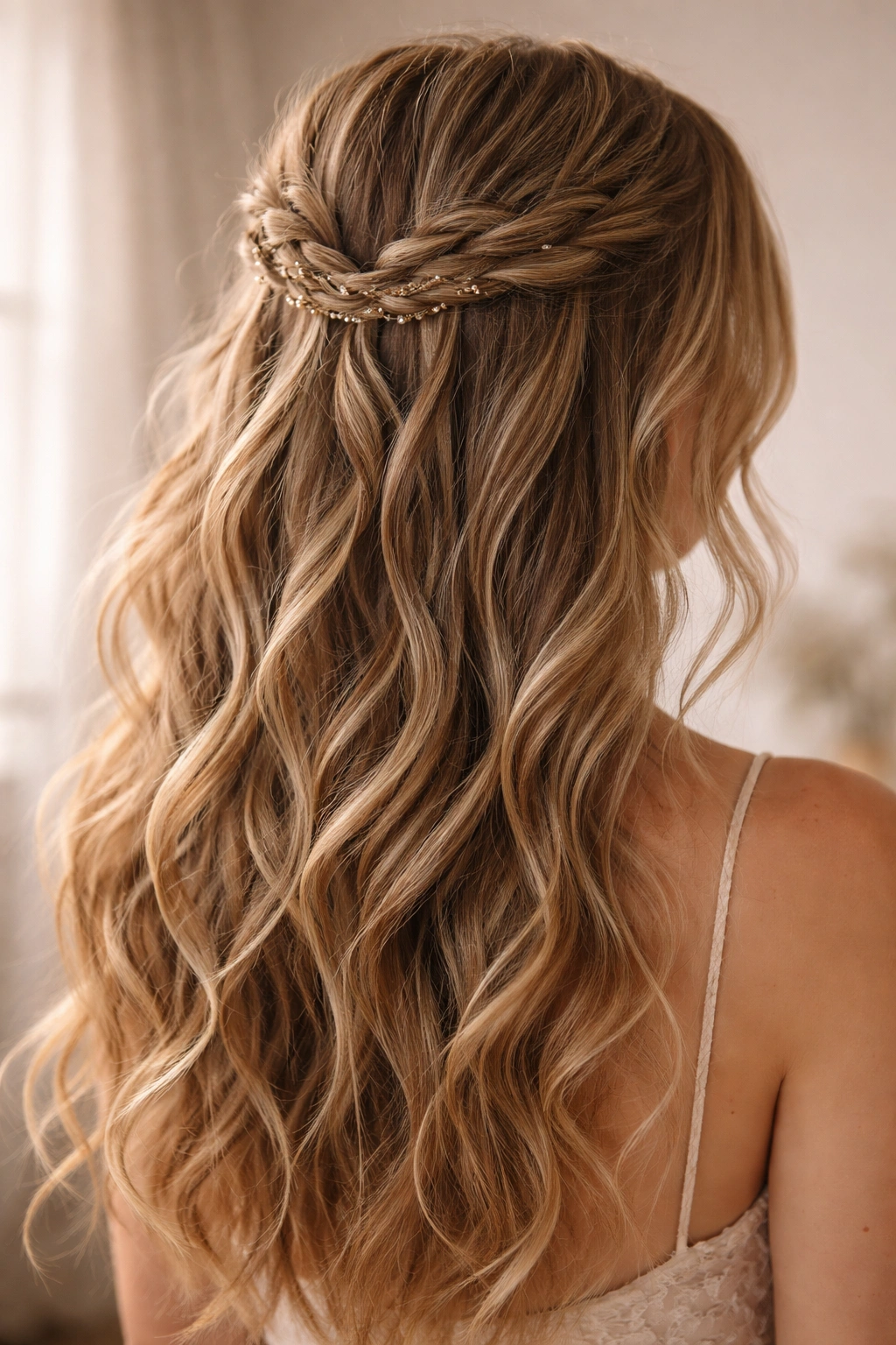 Three to four thin twisted braids forming a bohemian half-up hairstyle