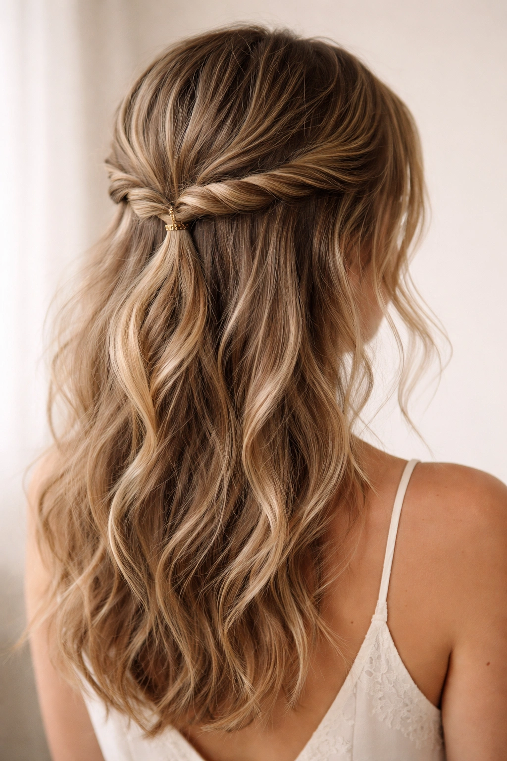 Bohemian twisted half up hairstyle with wispy pieces
