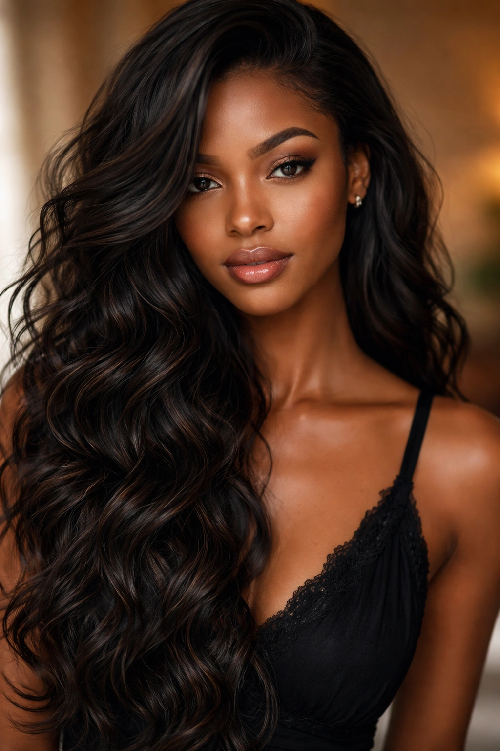 Portrait of a Black individual with long bohemian waves and a deep side part.