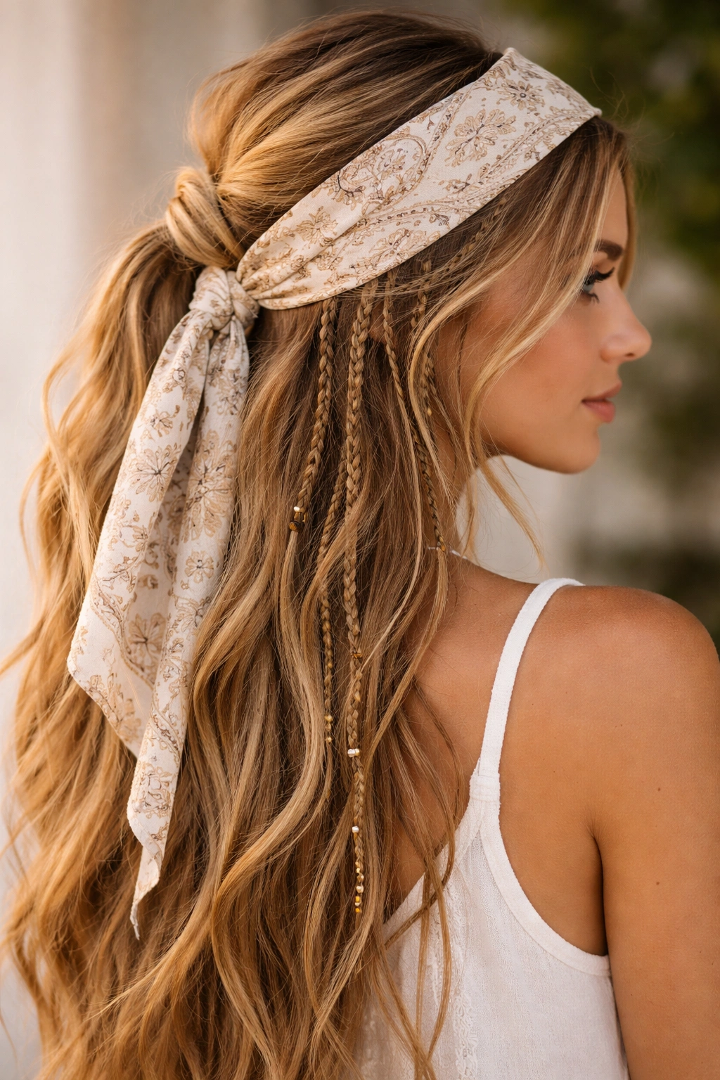 Boho half-up hairstyle with delicate braids and bandana