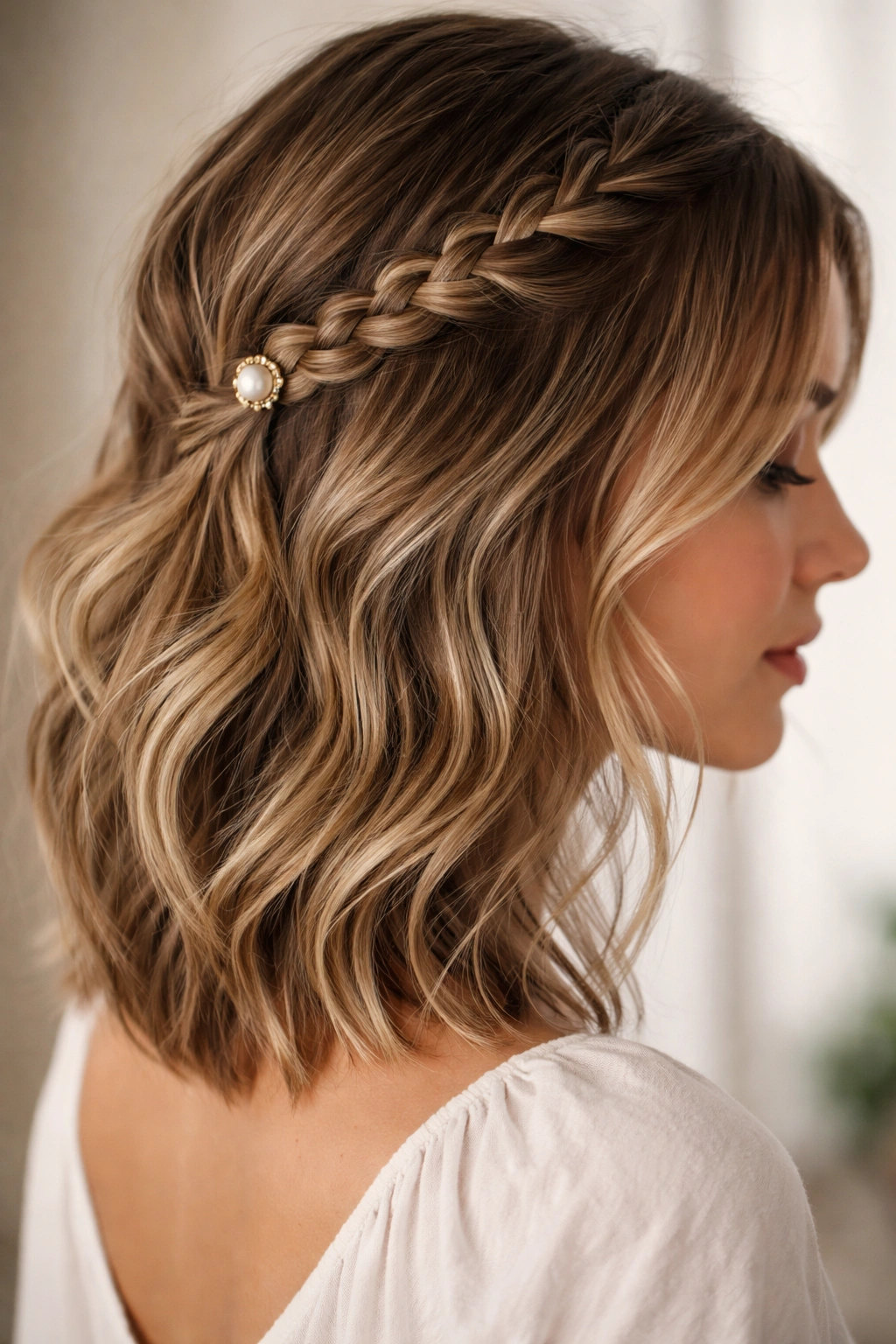 Dutch braid at temple secured with a pearl-tone elastic and loose waves on the rest of the hair.