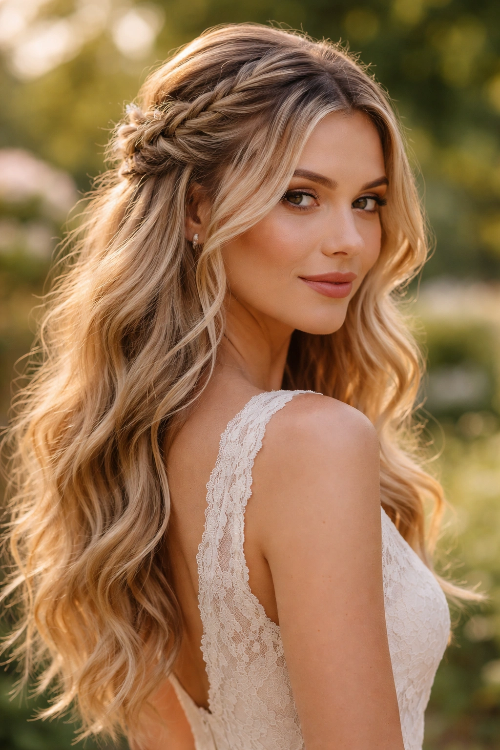 Close-up of Boho braided half-up hairstyle with loose face-framing strands in a garden setting