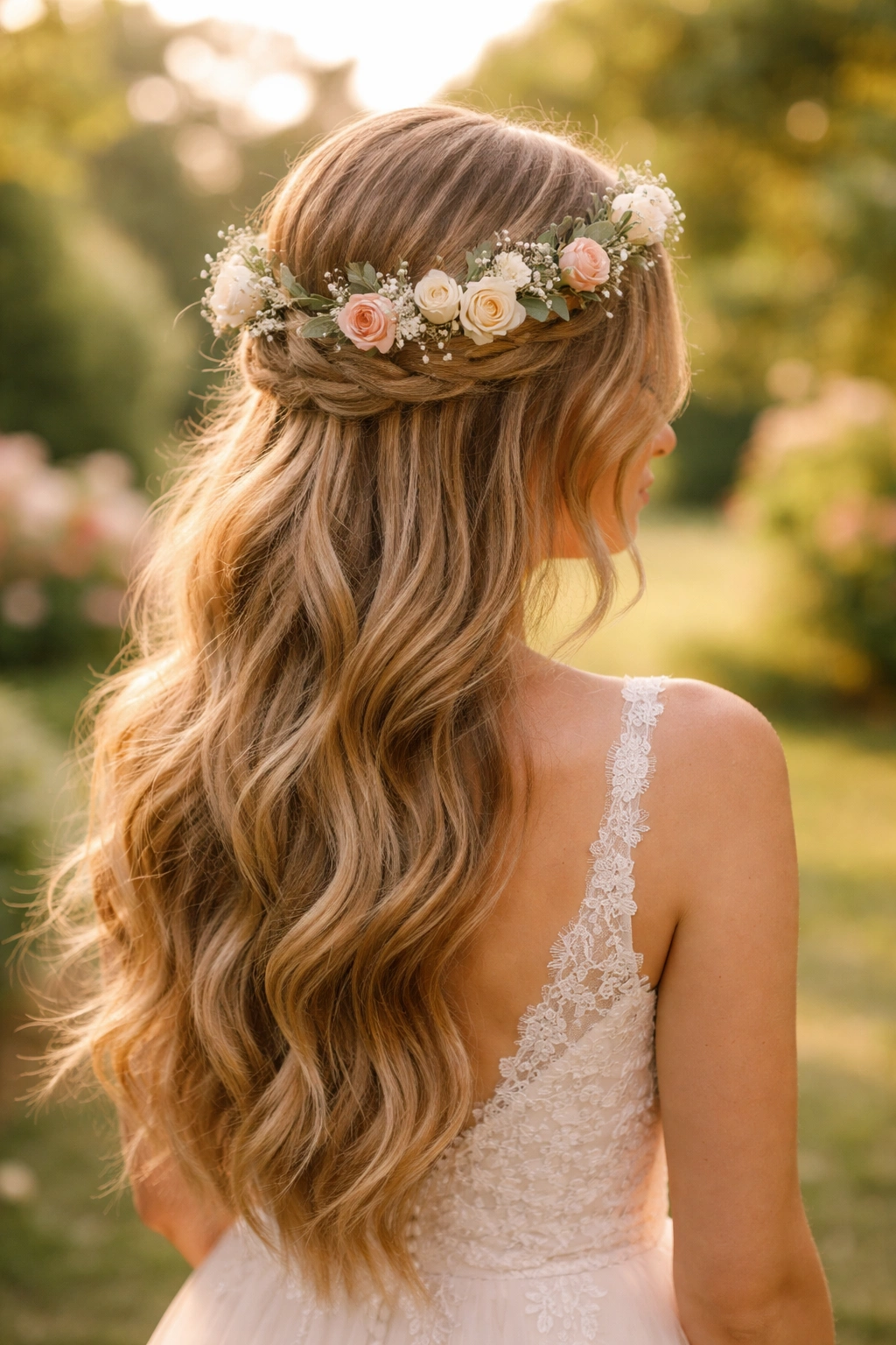 Boho braided half up with flower crown in soft garden light