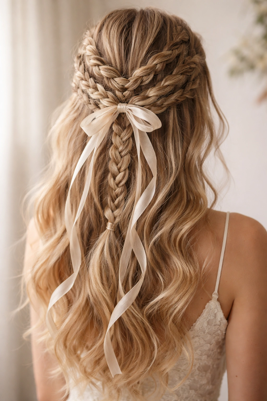 Boho braided half-up with ribbons and mixed textures