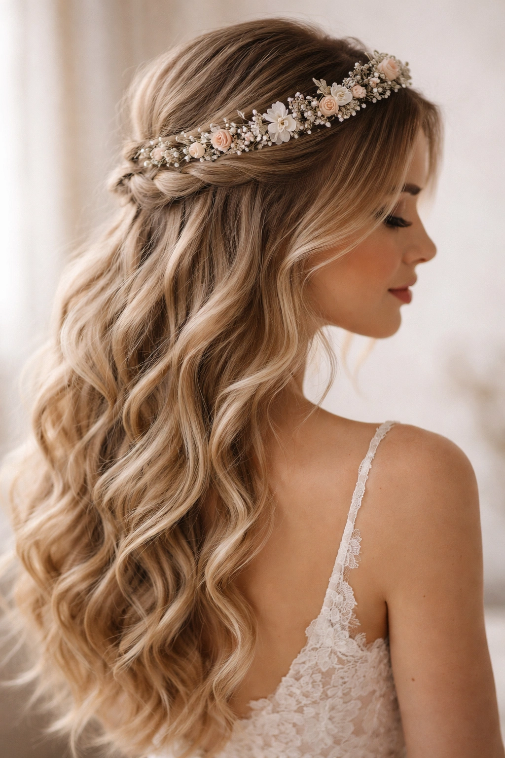 Three-quarter view of boho braided half-up hairstyle with floral tiara.