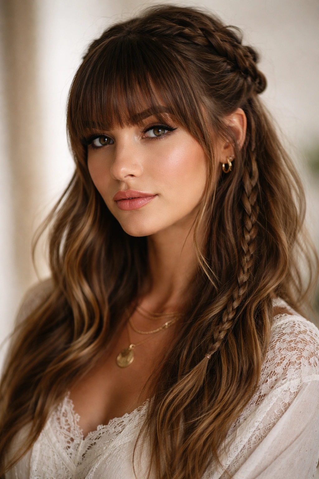 Boho braided half-up with blunt bangs portrait