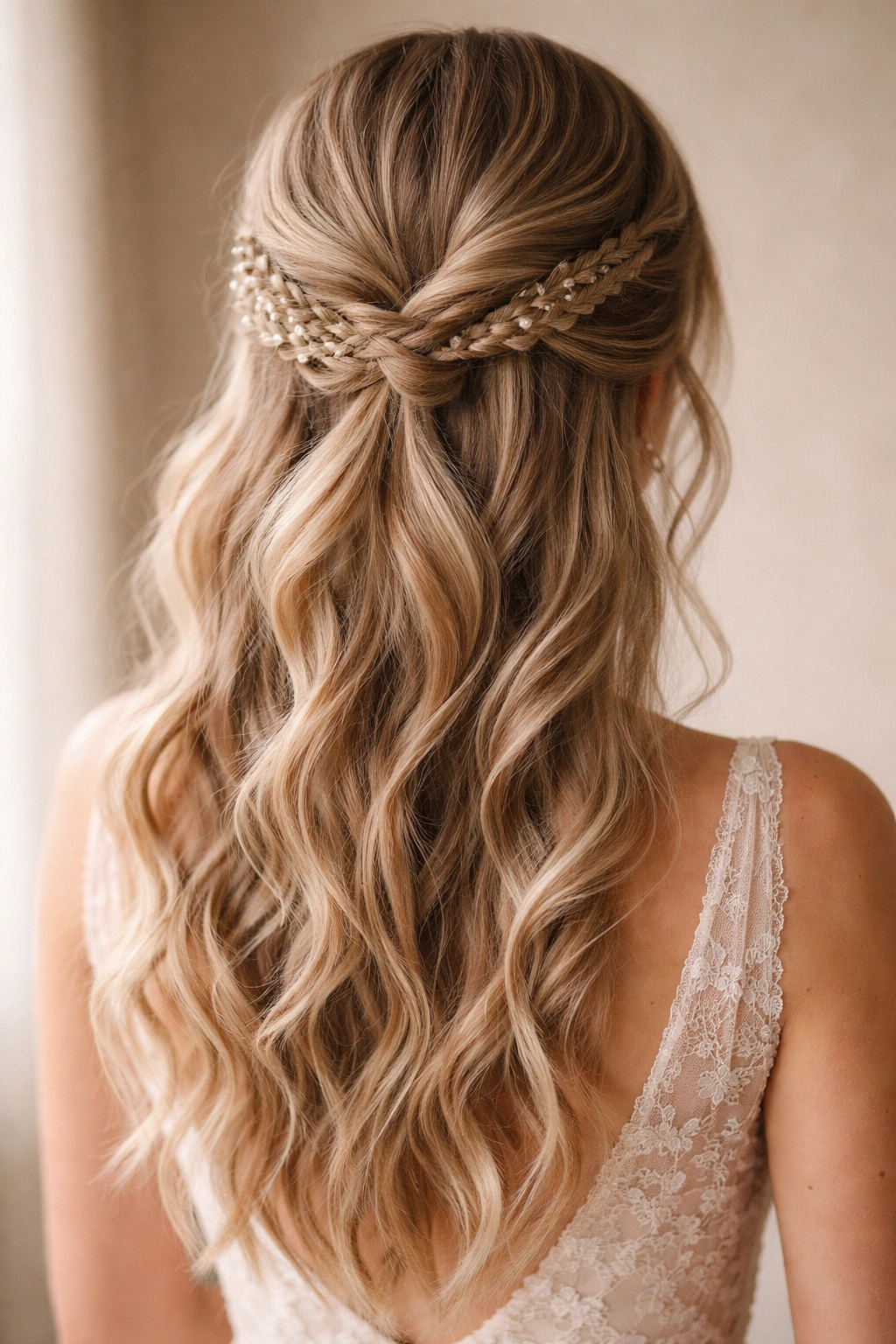 Close-up of a bridal half-up hairstyle with two small braids woven into a dimensional twist
