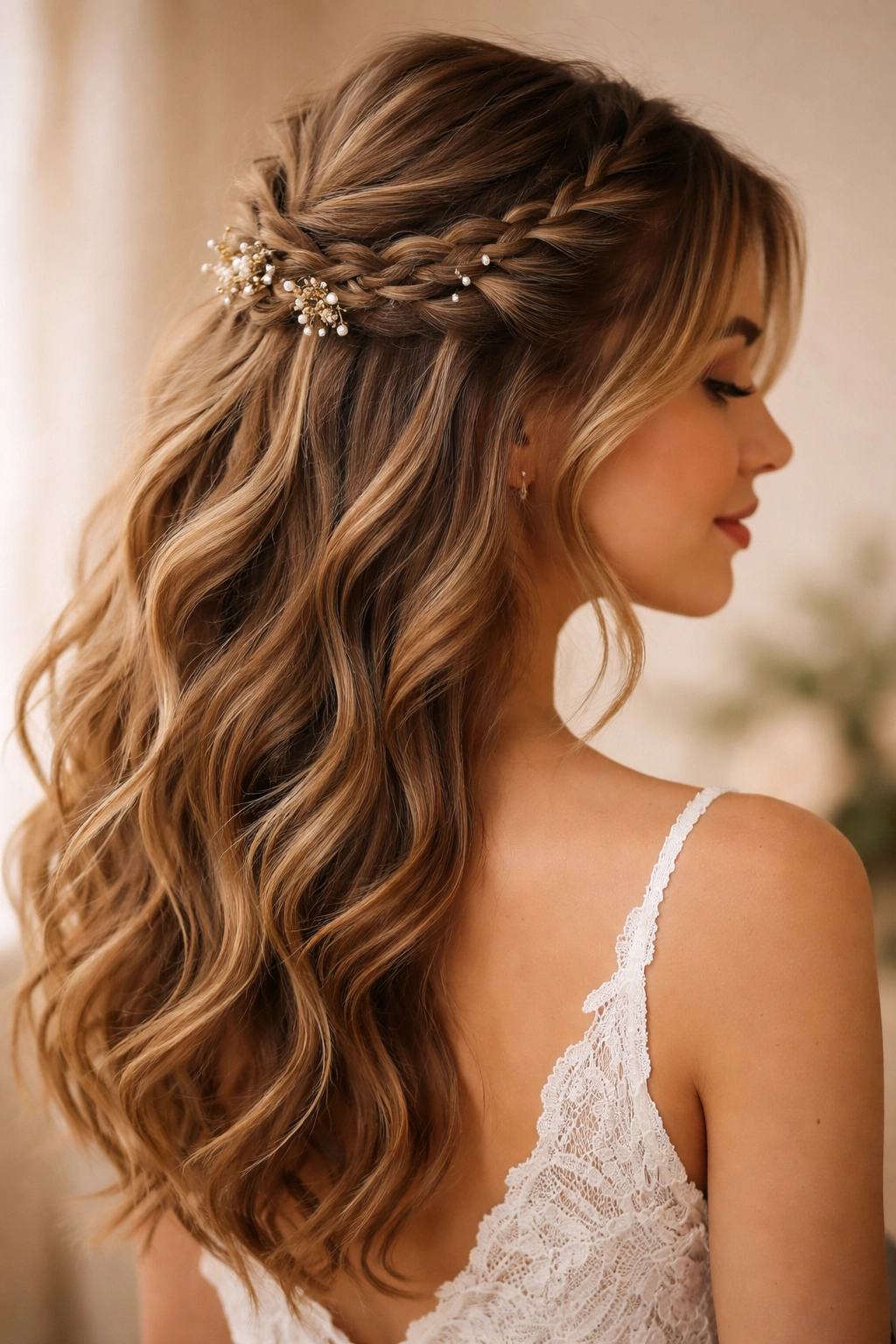 Close-up of boho half-up hairstyle with delicate braids and loose waves