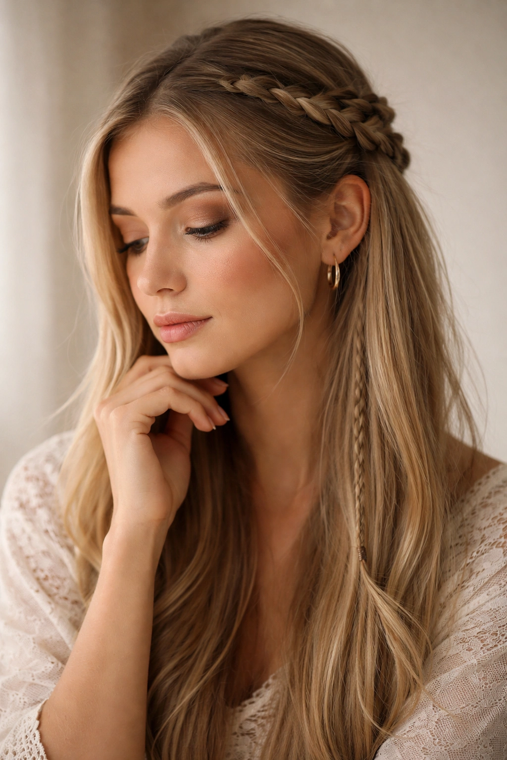 Serene portrait of a person with straight hair and a soft boho braid
