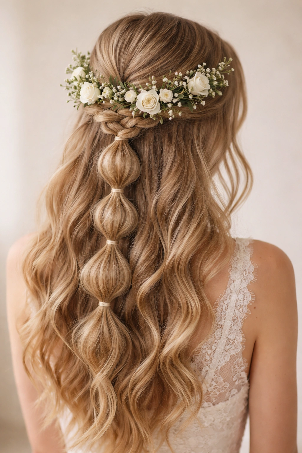 Boho bubble braid with flower crown woven through the hair